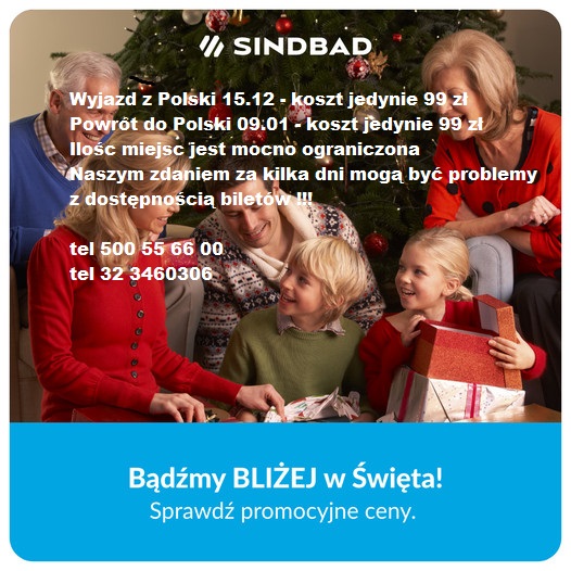 Sindbad – Promocyjne Bilety na Święta za 99 zł w 1 stronę – tel 500556600